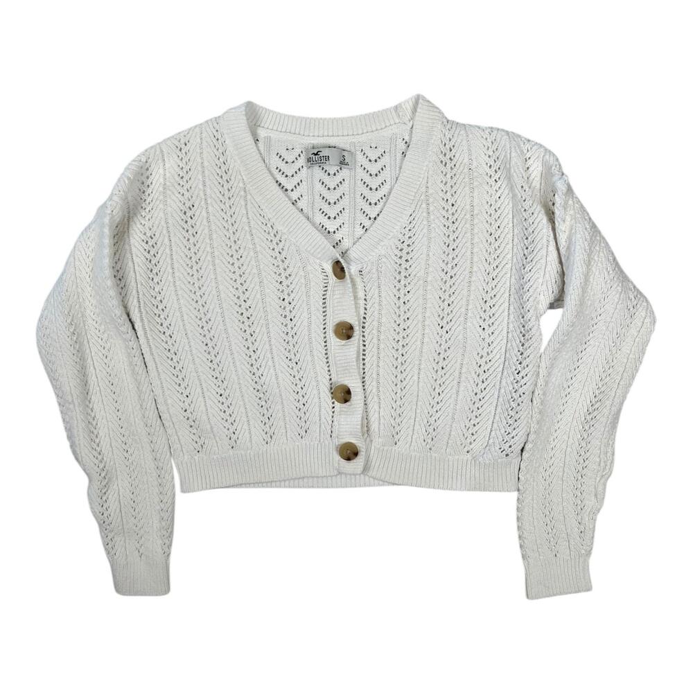 Hollister Sweater Womens Small White Open Knit Button Front Cardigan Cropped
